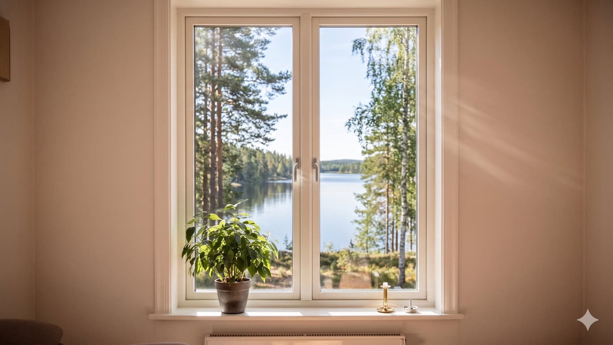 Putsat fönster i ett ljust skandinaviskt hem med utsikt över sjö och tallskog
